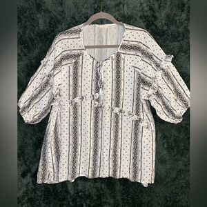 Black and white flowy western blouse